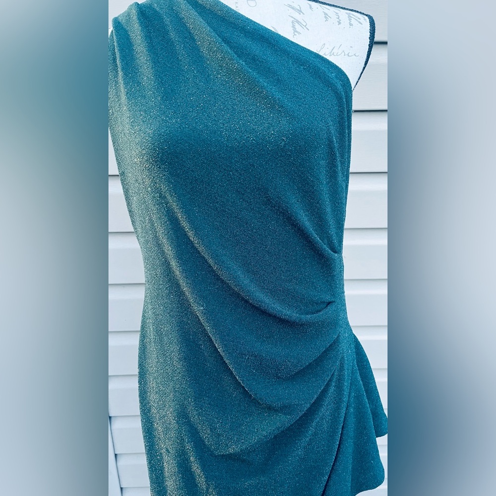 Xscape One-Shoulder Teal Sparkle Maxi Dress - Picture 7 of 8